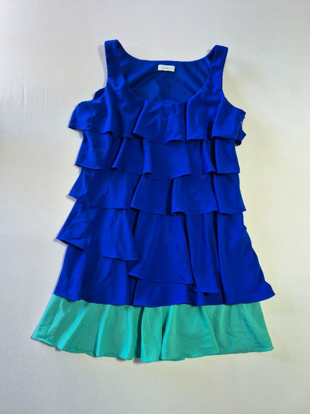 Calvin Klein Colorblock Ruffle Dress Blue Green Sleeveless S See Measurements